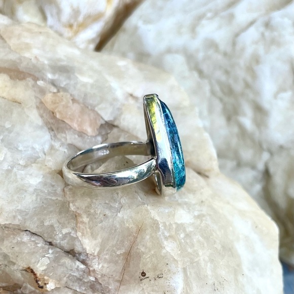Azurite and Chrysocolla teardrop cabochon 925 sterling silver ring size 8, NWT - Picture 6 of 7